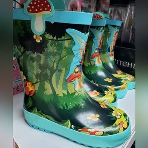 Kids Green Fairy Garden Rain Boots with Aqua Trim
